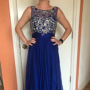 Royal Blue Scoop Neck Beaded Bodice Prom Dress